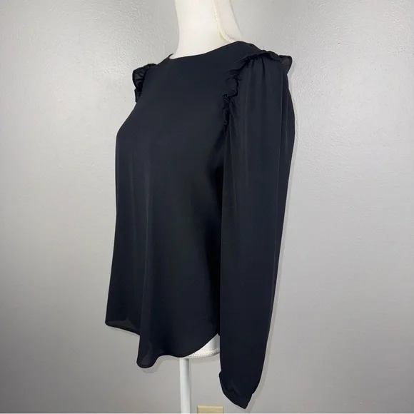 Loft Womens XS Black Blouse Top Long Sleeve w/ Ruffle Back Cutout Semi Sheer NWT - Picture 4 of 10